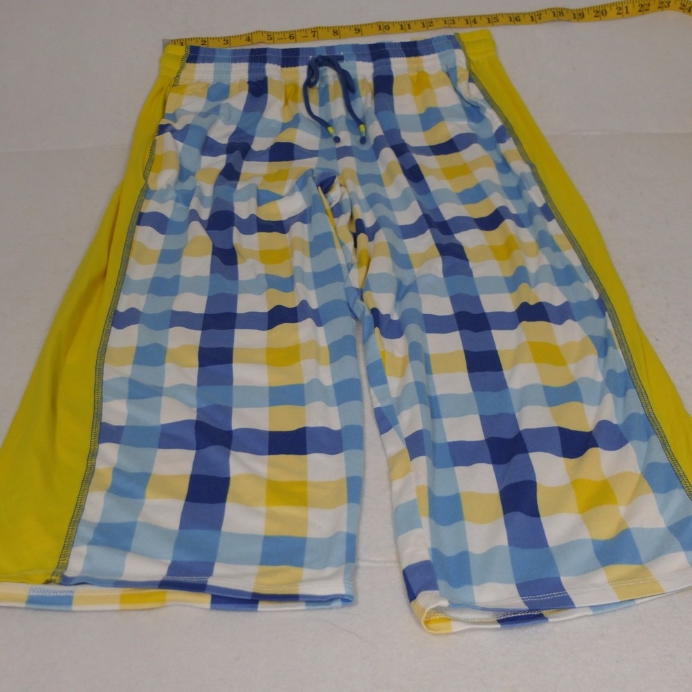 Cuddl‎ Duds Women Pajama Pants M Blue Yellow Gingham Loungewear Capri Sleepwear